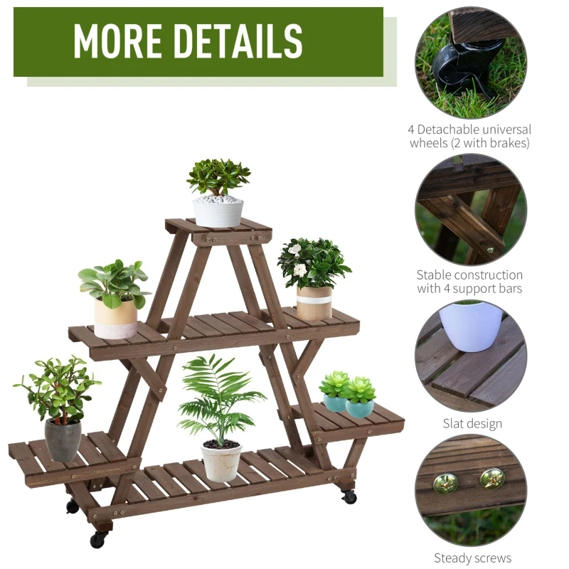Outsunny 57'' x 14'' x 41'' 4 Tier Wooden Plant Shelf with Wheels Rolling Plant Pots Holder Stand Indoor Outdoor