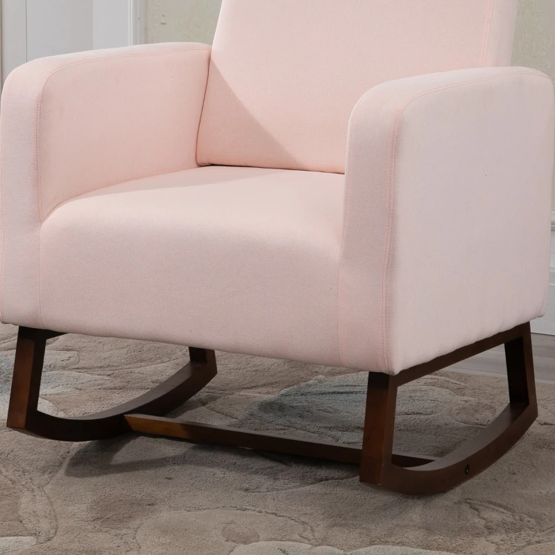 HOMCOM Accent Lounge Rocking Chair with Solid Curved Wood Base and Linen Padded Seat, Pink