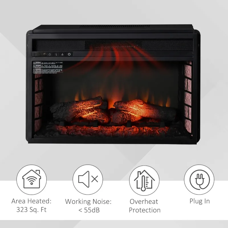 HOMCOM 27" Electric Fireplace Insert, Retro Recessed Fireplace Heater with Realistic Log Flame, Remote Control, and Adjustable Brightness, 1400W, Black