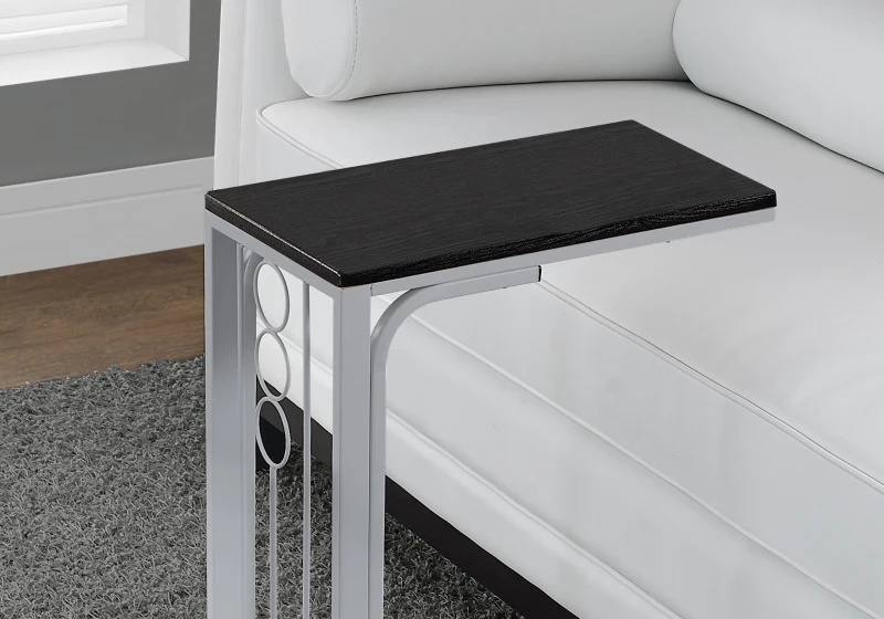 Monarch 25" Contemporary Wood Grain-Look Top Silver Metal Frame C-Shaped Side Accent Table  - Black Top Finish