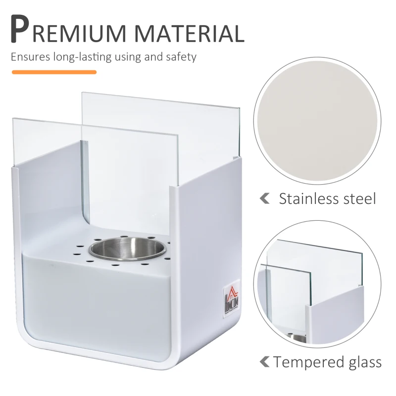 HOMCOM Ethanol Fireplace, 7.75" Tabletop 0.10 Gal, Stainless Steel, Burns up to 2 Hours, White