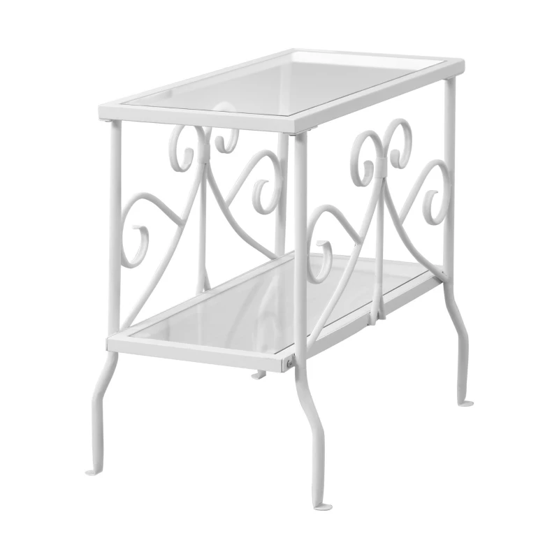 Monarch 22" Traditional Metal Scroll Design Tempered Glass 2-Tier Shelf Accent Side End Table - White Finish