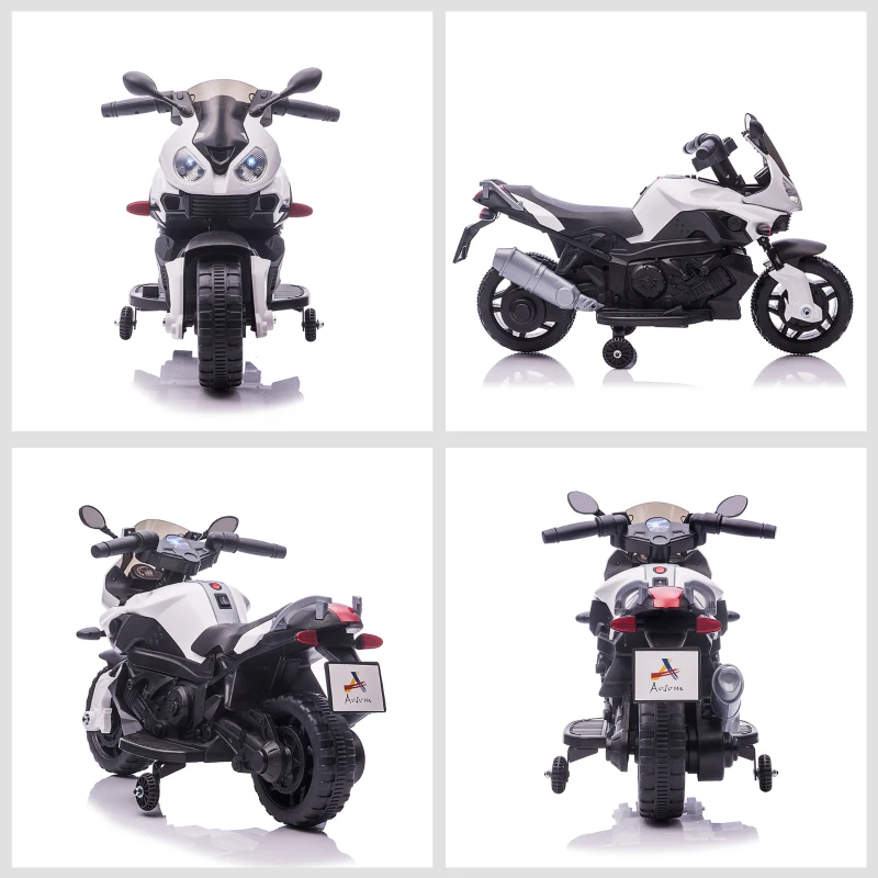 Aosom 6V Kids Motorcycle Dirt Bike Electric Battery-Powered Ride-On Toy Off-road Street Bike for Children with Rechargeable Battery, Pedal, Horn, Headlights, and Training Wheels for Balance White