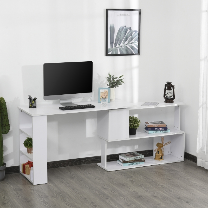 HOMCOM 360° Rotating Corner Desk L-Shaped PC Workstation Student Writing Table with Storage Shelf Home Office White