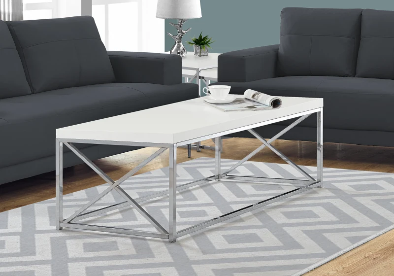 Monarch 44" Modern Chrome Metal X-Base Accent Coffee Table Set - Glossy White Finish