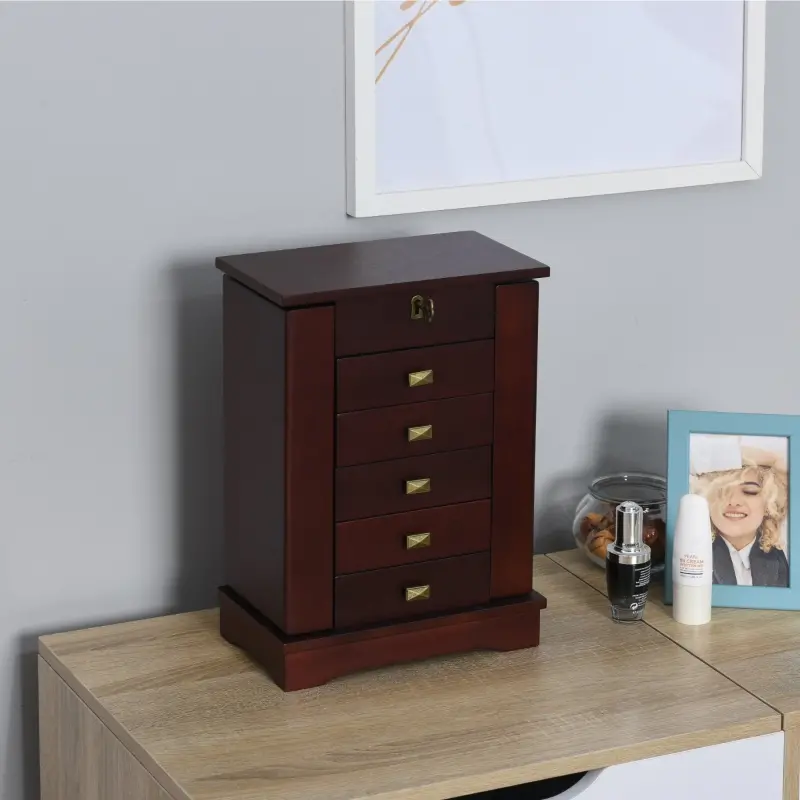 HOMCOM Tabletop Jewelry Case Beauty Organizer with Mirror, 6 Slot Shelves for Necklaces and Earrings, Lockable - Walnut