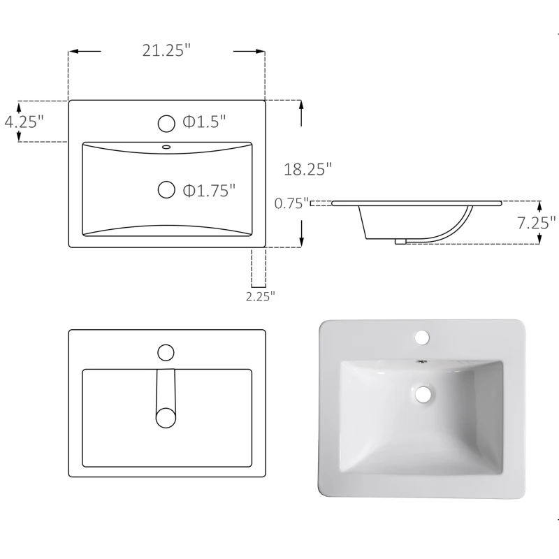 Kleankin 21.25"x 18.25" Bathroom Vessel Sink Modern Under Counter Bathroom Basin Ceramic Vanity Art Basin - White