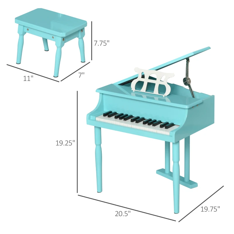 HOMCOM Modern Kids Piano 30 Keys Set of 2 Mini Toy for Child Grand Piano with Music Stand and Bench - Green