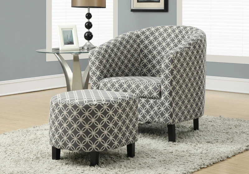 Monarch Modern Upholstered Curved Back Barrel Tub Chair with Matching Ottoman - Grey Circular Pattern