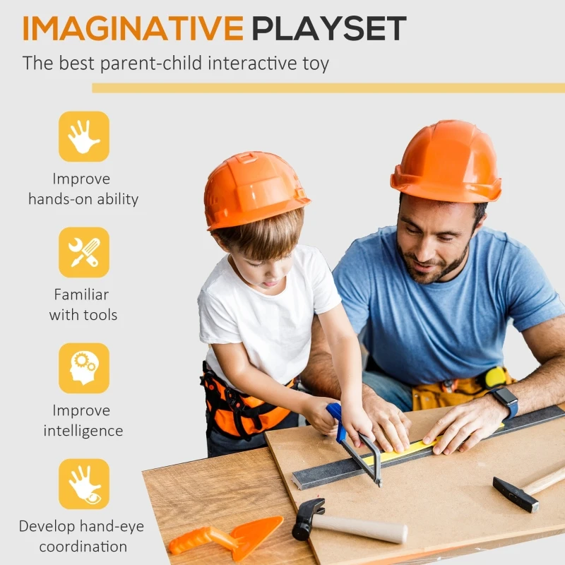 Qaba Play Toy Workbench for Kids 64 Pieces Tools Plus Case Storage Shelf  Construction Tool Accessories Playset Construction Pretend Play Toy Kit Yellow Grey