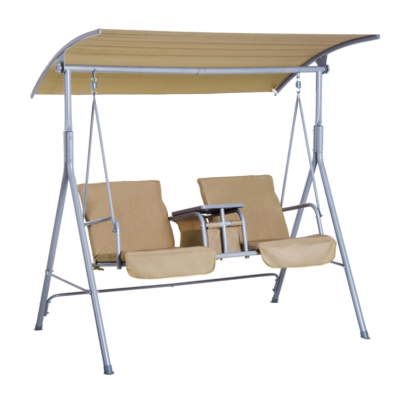 Outsunny 2 Person Covered Patio Swing with Pivot Table and Storage Console - Beige