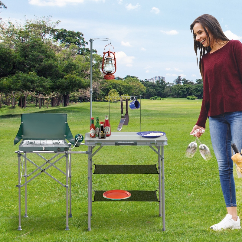 Outsunny Fold up Camp Kitchen Outdoor Cooking Table Portable Patio with Lantern Holder