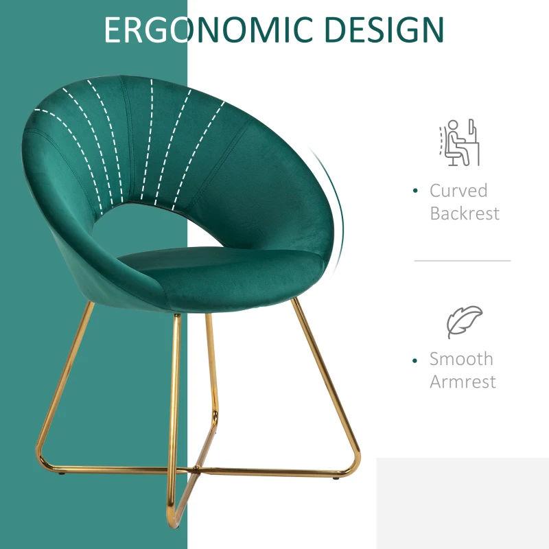 HOMCOM Modern Accent Velvet Chair Open Curved Mid-Back Upholstered Vanity Chair with Gold Plating Metal Legs for Living Room/Office/Reception Green