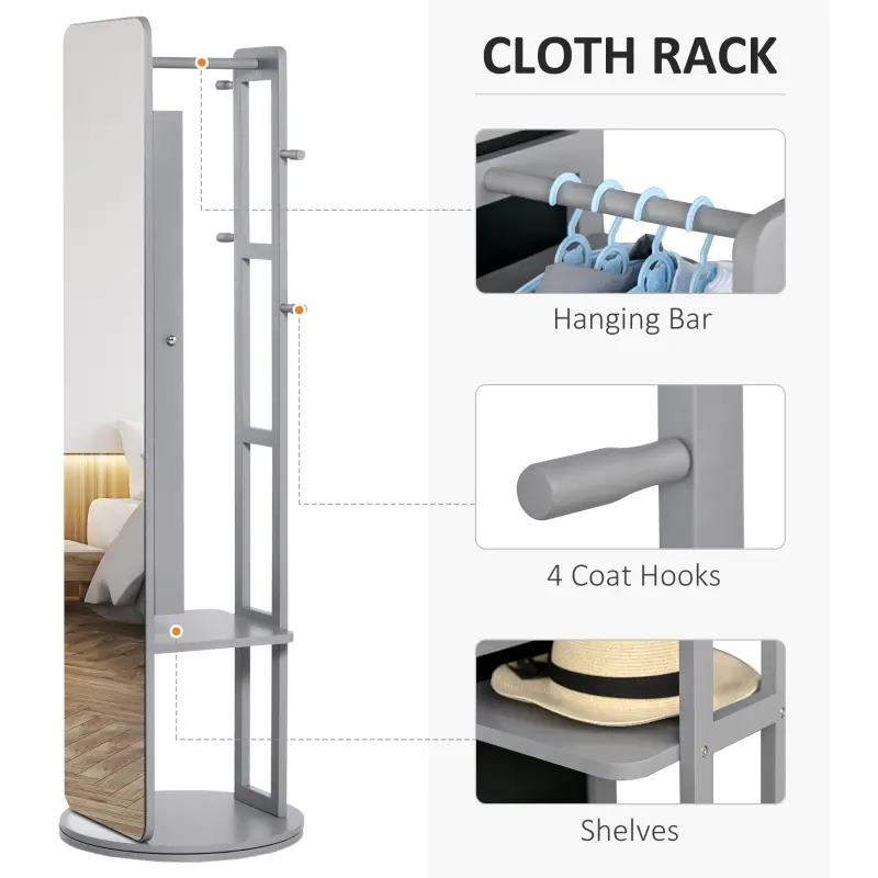 HOMCOM Full Length Glass Mirror with Hidden Jewelry Cabinet and Pine Wood Clothing Rack, Dark Grey