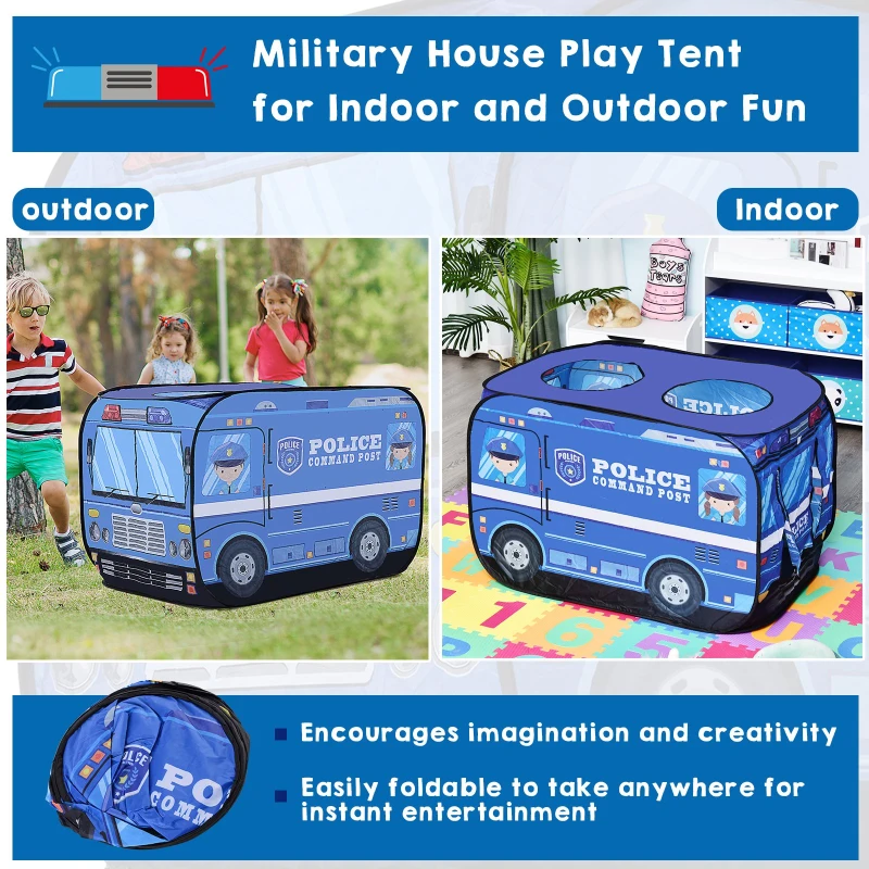 Qaba Kids Police Car Play Tent w/ top opening Pop-up Foldable Blue