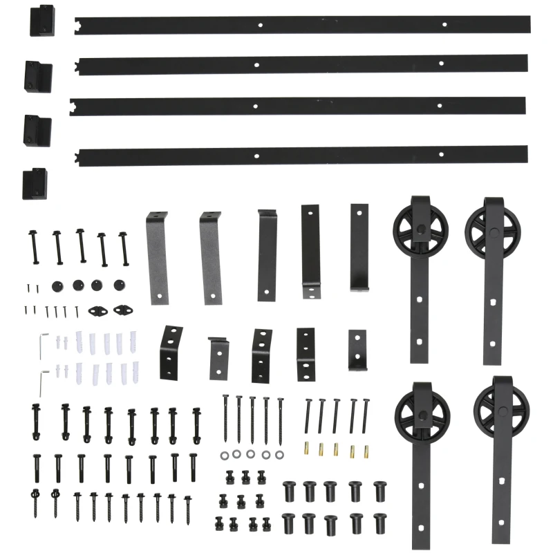 HOMCOM Sliding Barn Door Kits Hardware Closet Set Track System for Double Wooden Door Industrial Wheel Style Roller
