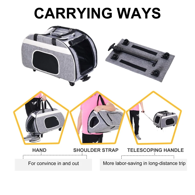 PawHut Foldable Pet Travel Carrier with Wheels, Oxford Fabric Aluminum, Small to Medium Cats and Dogs, Grey and White