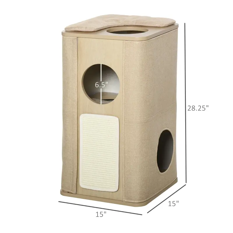 PawHut Wooden Cat Condo 3 Story Barrel Tower w/ Perch Removable Cover Cushions Sisal Scratching Carpet, Brown