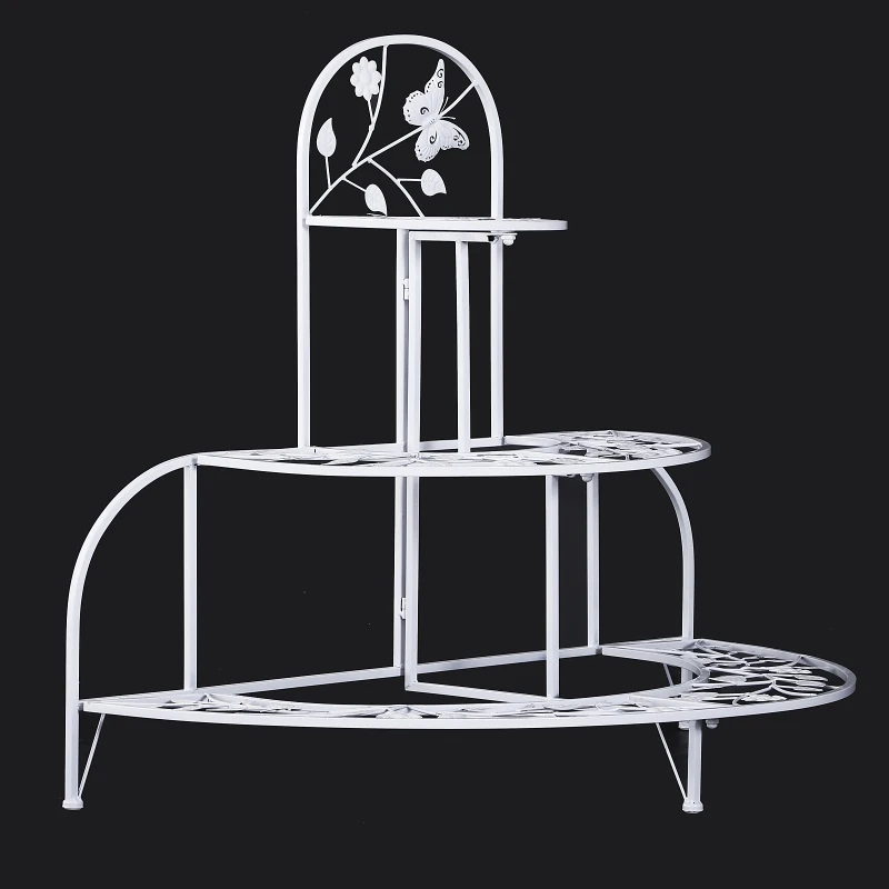 Outsunny 3 Tier Plant Stand Metal Butterfly Leaf Outdoor Potted - White