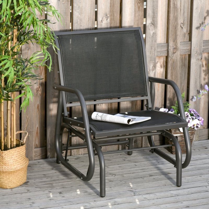 Outsunny Outdoor Glider Swing Chair with Breathable Mesh Seat and Backrest Steel Frame Curved Rocking Arms Dark Grey and Black