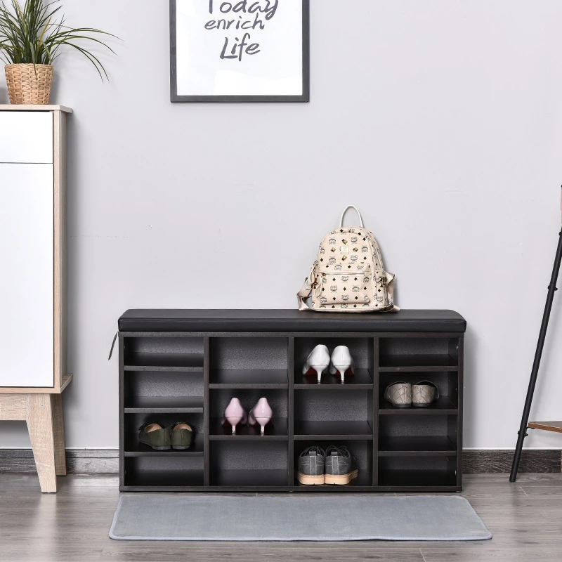 HomCom Upholstered Shoe Entryway Bench Rack with Comfortable PU Cushion Bench & Flexible Shelving Options, Brown