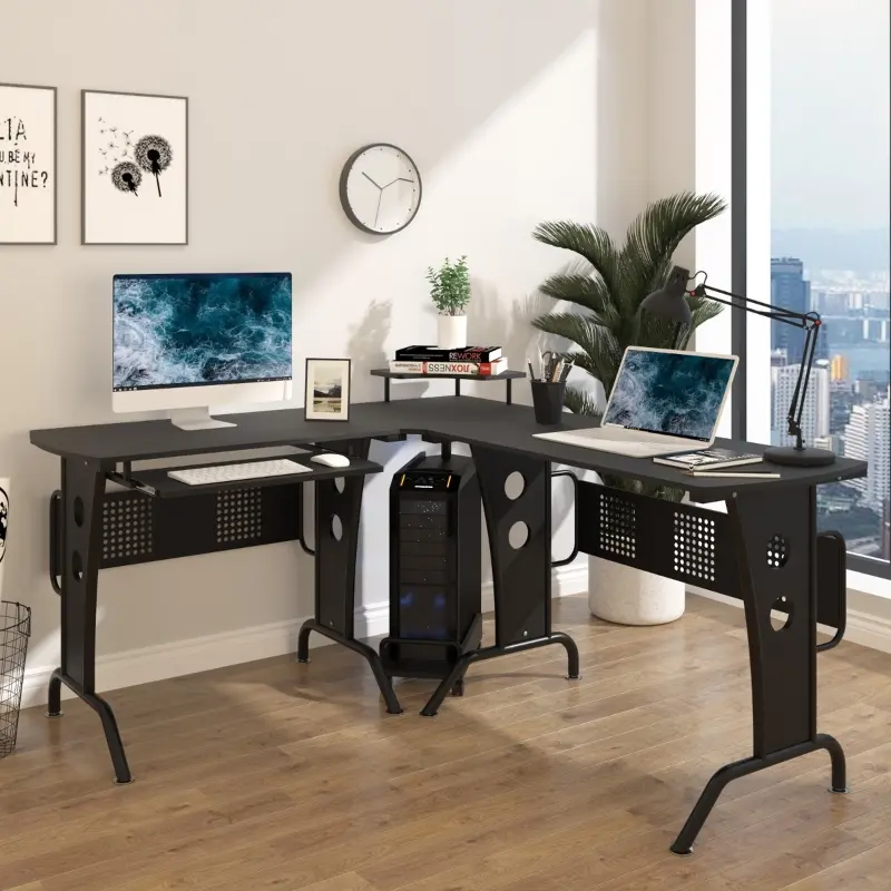 HOMCOM L-Shaped Corner Computer Office Desk Workstation with Elevated Shelf, Rolling Keyboard Tray, & Convenient CPU Stand, Black