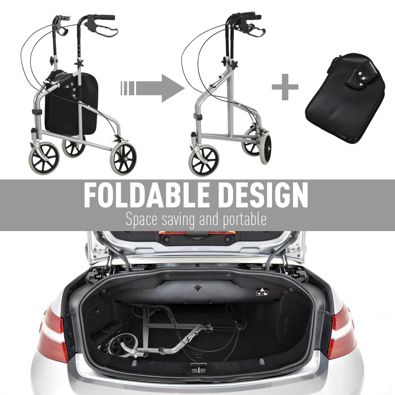 HOMCOM Steel Walker for Seniors, Three Wheel Adjustable Height Rollator with Handbrakes and Storage Bag