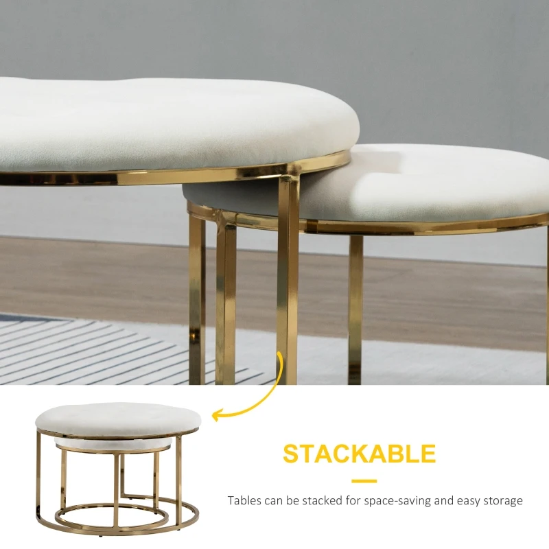 HOMCOM Nesting Coffee Table Set of 2, Round End Tables with Velvet-Feel Button Tufted Top for Living Room, Home Office, White