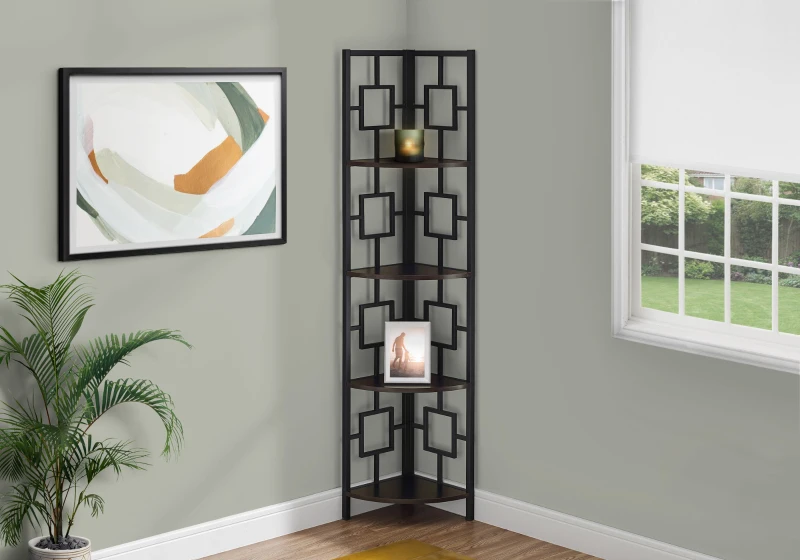 Monarch 62" H Transitional Decorative 4-Tier Corner Etagere Bookcase - Espresso / Black Metal