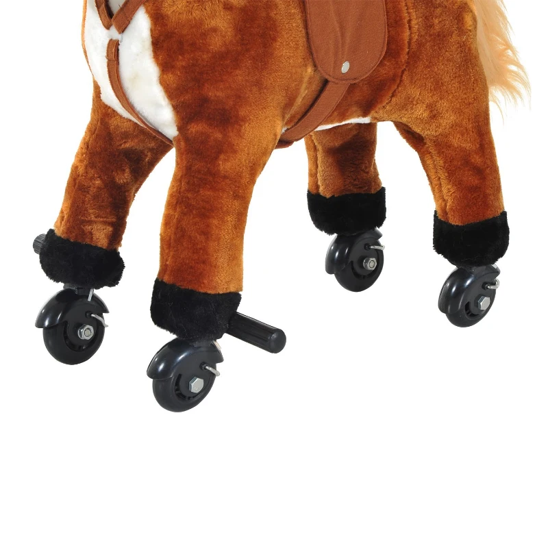 Qaba Kids Walking Pony Ride on Horse Rocking Toy Wheels & Footrest Neigh Sound, Brown
