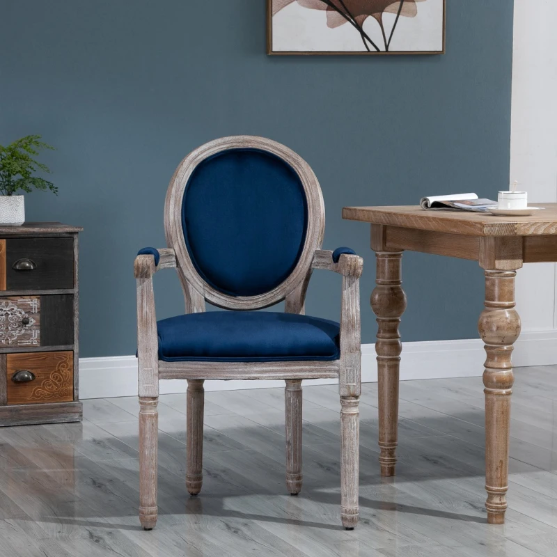 HOMCOM Vintage Dining Chair with Round Back, Thick Sponge Padded Seat and Section Armrest with Wood Frame, Blue