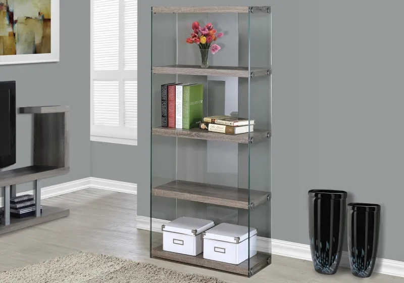 Monarch 60" Reclaimed Wood-Look Tempered Glass Sides 5-Tier Storage Bookcase - Dark Taupe Finish