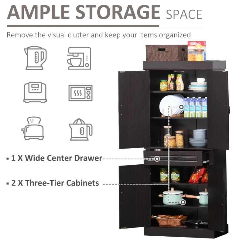 HOMCOM 71" Freestanding Kitchen Pantry Cabinet, Tall Storage Cabinet with 4 Doors and Drawer for Dining Room, Coffee