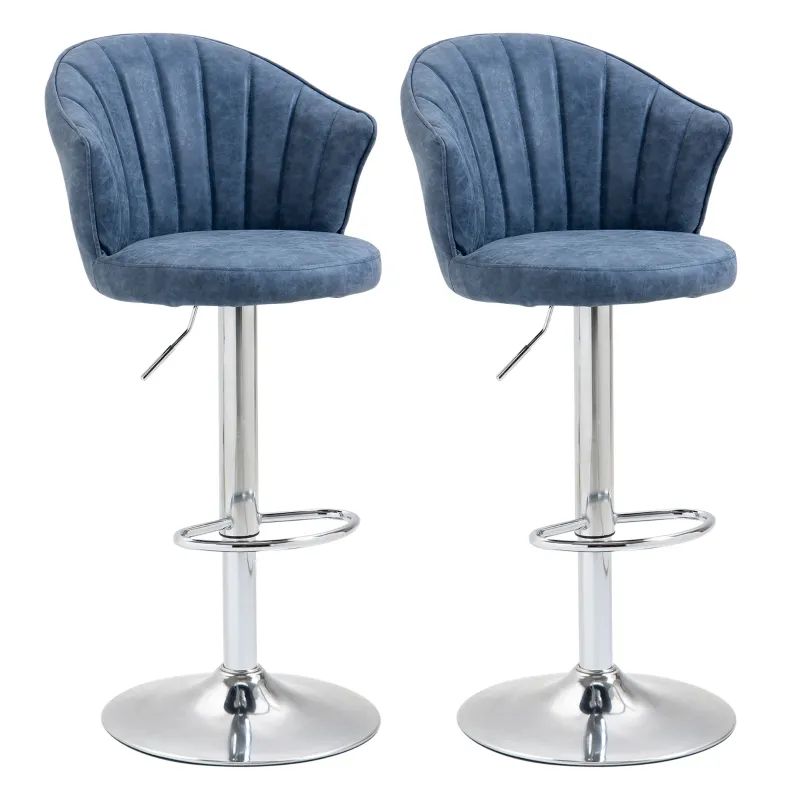 HOMCOM Bar Stool Set of 2 Adjustable Height PU Leather Upholstered Swivel Counter Chairs with Backrest, Footrest, Blue