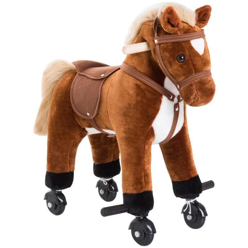 Qaba Kids Interactive Plush Mechanical Walking Ride On Horse Toy with Wheels, Brown