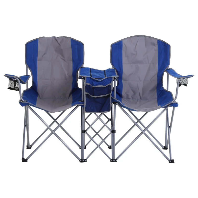 Outsunny 2 Person Folding Camping Chair Oxford Metal Fishing w/ Ice Bag  Cup Holder Blue