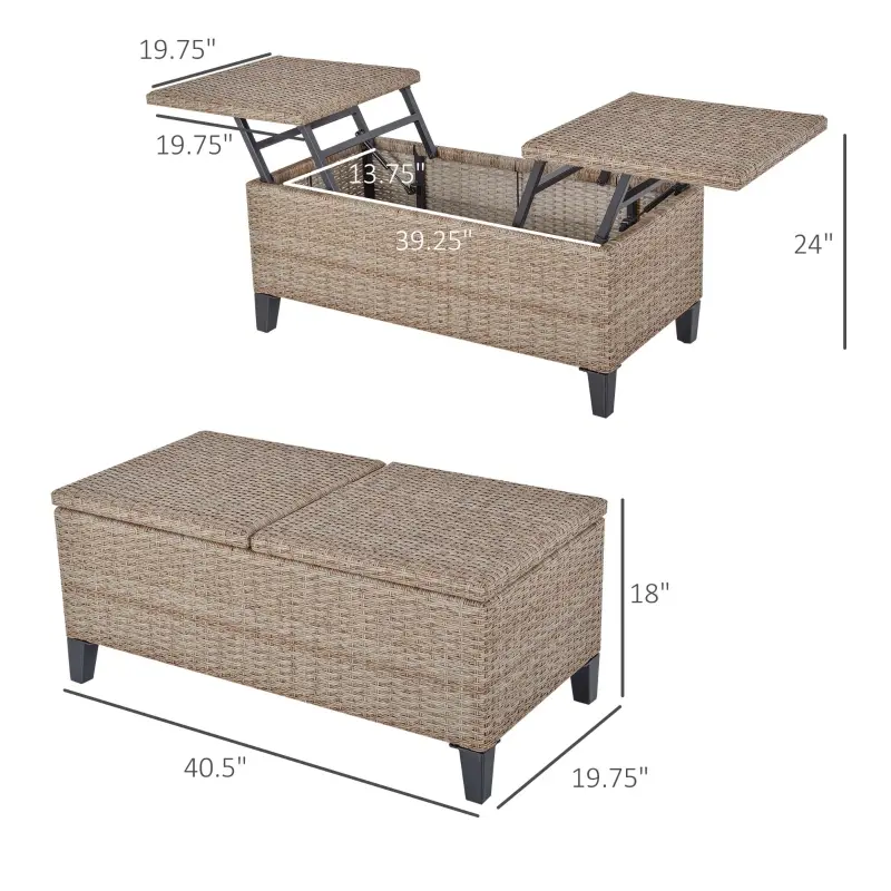 Outsunny Outsunny Rattan Wicker Coffee Side Table with Double Lift Top Design, Large Storage Space, Rust-Fighting Steel Frame for All Weather for Outdoor, Patio, Garden, Backyard, Brown