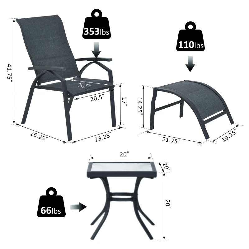 Outsunny 5pcs Outdoor Sling Bistro Set Garden Sun Lounger Chaise Lounge Reclining Chair w/Side Table & Ottoman  Balcony Furniture Grey