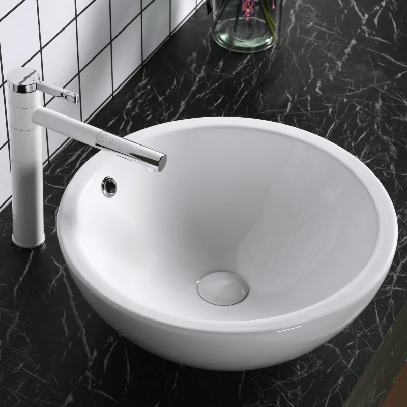 kleankin 18" x 18" Bathroom Vessel Sink, Porcelain Round bowl Art Design Basin Above Counter Ceramic Bathroom Vanity Sink, White