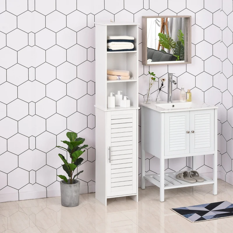 kleankin Tall Bathroom Floor Cabinet, Freestanding Linen Tower with Adjustable Shelf and Cupboard, Narrow Side Storage Organizer, White