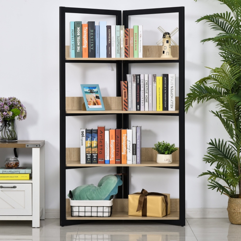 HOMCOM 4-Tier Bookshelf Storage Multifunctional Plant Display Corner Shelf Oak Color & Black