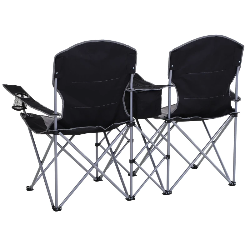 Outsunny 2 Person Folding Camping Chair Oxford Metal Fishing w/ Ice Bag  Cup Holder Black