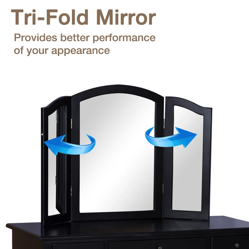 HOMCOM 63"H Elegant Vanity Table Set Tri-Fold Mirrored Make-Up Dressing Table with Cushioned Stool 5 Drawer Black