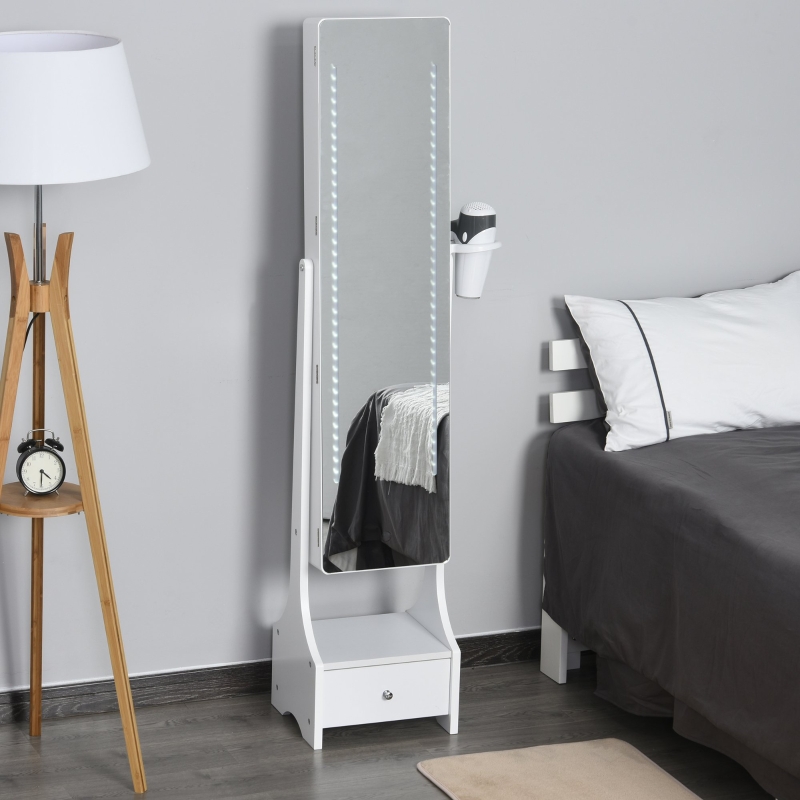 HOMCOM Mirrored Jewelry Cabinet Freestanding LED Lighted Jewelry Armoire Storage Organizer with Stand for Necklaces Bracelets Rings Earrings Angle Adjustable White