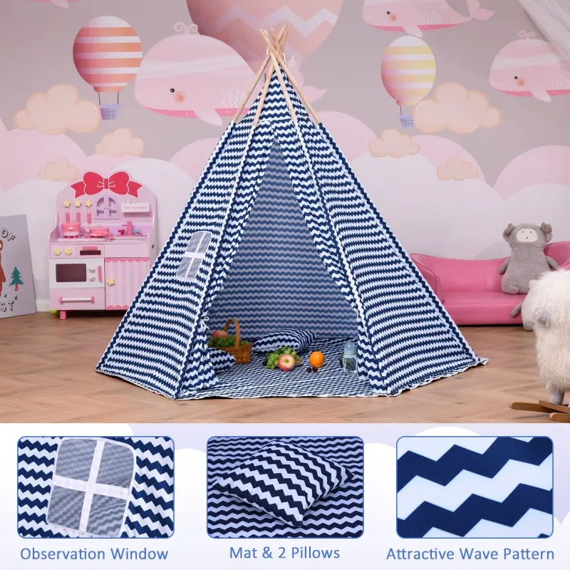 Qaba Kids Teepee Play Tent Portable Children Playhouse Toy for Boys and Girls with Mat Pillow Carry Case Indoor Outdoor Games Blue
