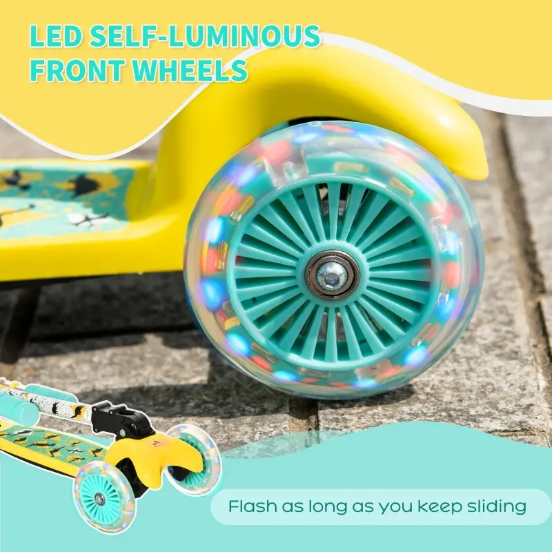 Aosom Kick Scooter for Kids, Foldable Children's Scooter with 3 Wheels, Adjustable Height, and Flashing LED for Boys and Girls, Yellow