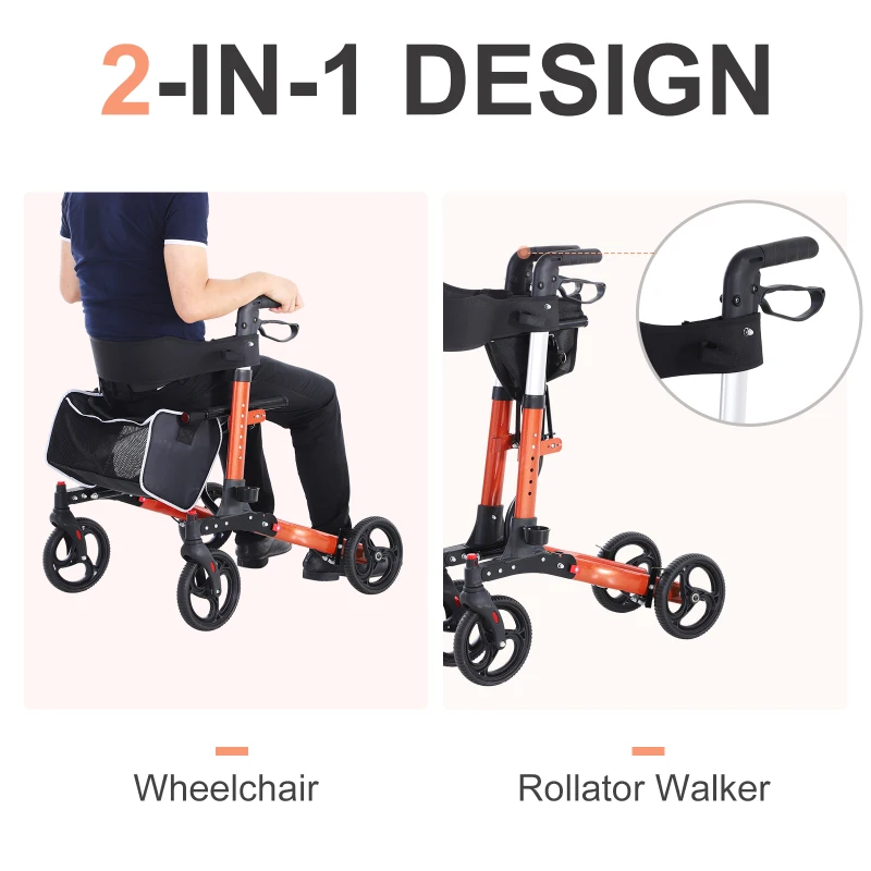 HOMCOM Aluminum Transport Rollator Walker 1-Step Open W/ Adjustable Seat  Bag  Crutch Holder