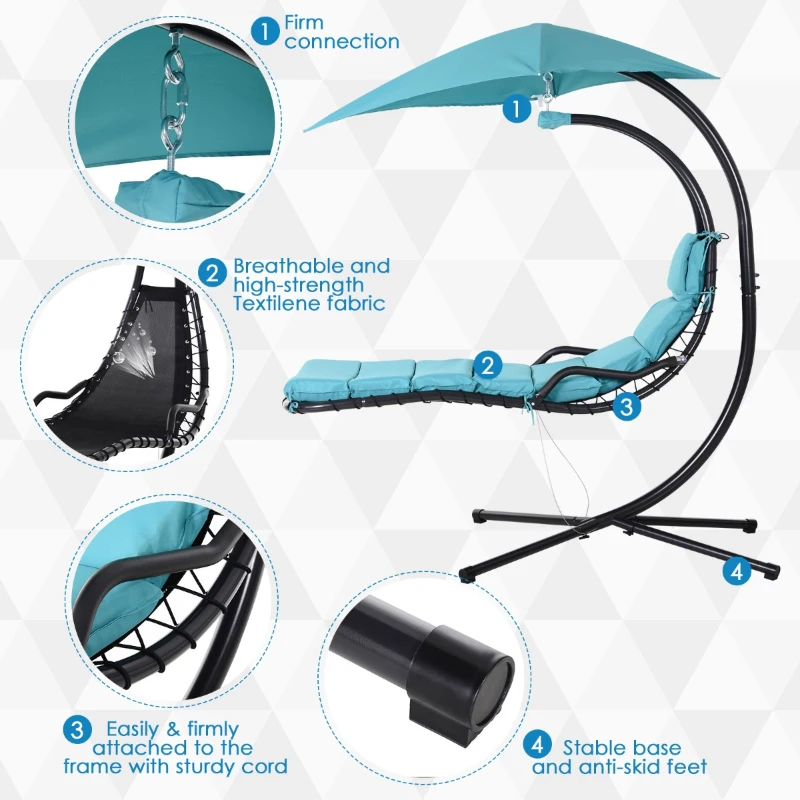 Outsunny Single Floating Chaise Lounge Curved Outdoor Porch Swing Chair Hanging Hammock Reclining Seat w/Arc Stand & Canopy Blue