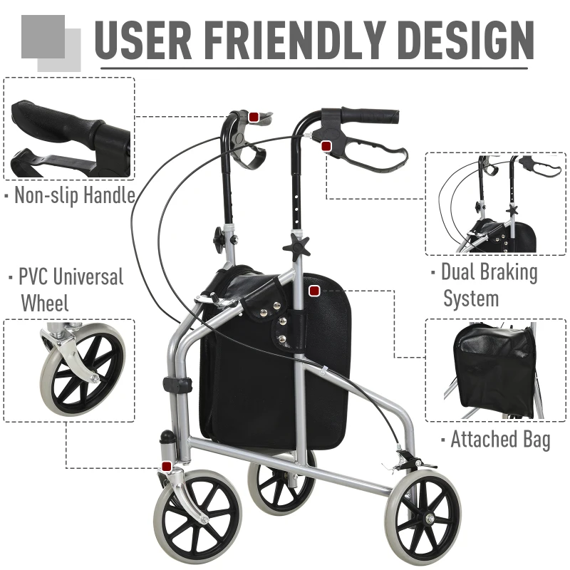 HOMCOM Steel Walker for Seniors, Three Wheel Adjustable Height Rollator with Handbrakes and Storage Bag