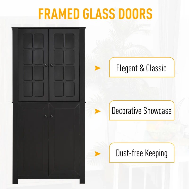 HOMCOM 71" Freestanding Kitchen Pantry Cabinet with Glass Door and Shelves, Tall Cupboard for Dining Room, Living Room, Black